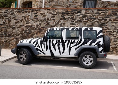 Bordeaux , Aquitaine France - 05 27 2021 : Jeep Wrangler Zebra Car Paint 4x4 Model All Road Custom Paint