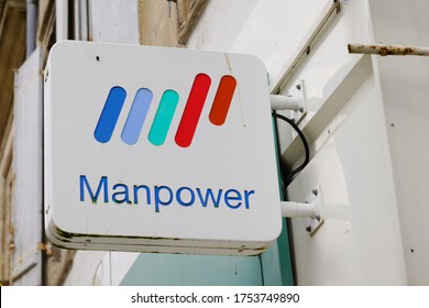 Bordeaux , Aquitaine / France - 06 01 2020 : Manpower Company Logo Sign On Office Building Agency Of Staffing Firm 