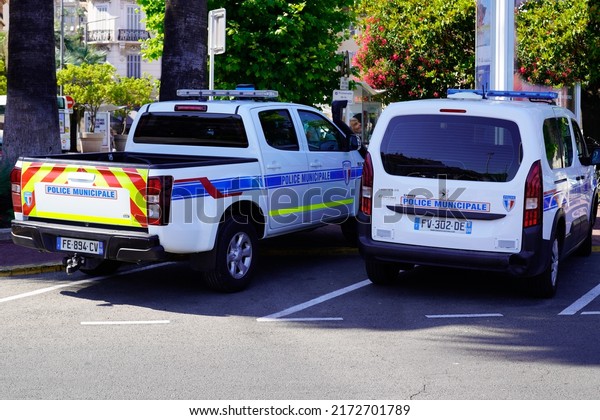 Bordeaux ,\
Aquitaine  France - 06 25 2022 : police municipale means in french\
Municipal police with side door car stickers logo sign text on pick\
up truck isuzu and peugeot\
partner