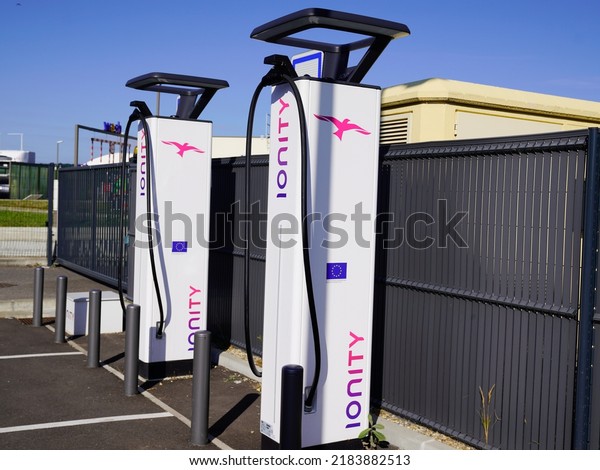 Bordeaux ,\
Aquitaine  France - 07 25 2022 : Ionity logo brand and text sign on\
High Power Charging Units car electric ev\
