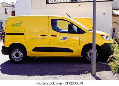 Bordeaux , Aquitaine  France - 08 15 2022 : La Poste Postman Panel Car Van In French City With Logo Sign And Brand Text Of France Post Office