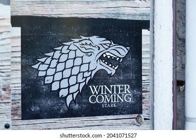 Bordeaux , Aquitaine  France - 09 05 2021 : Winter Is Coming stark series premiere of HBO medieval fantasy television series Game of Thrones logo brand and text sign front of boutique