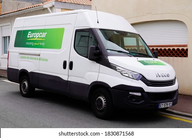 Bordeaux , Aquitaine / France - 10 01 2020 : europcar logo and text sign on truck panel van side of rental french vehicles
