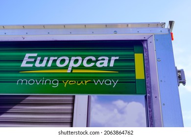 Bordeaux , Aquitaine France - 10 20 2021 : europcar moving your way logo brand and text sign on rear truck panel van of rental vehicles