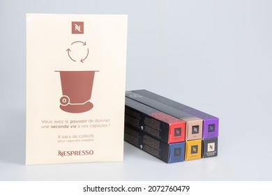 Bordeaux , Aquitaine France - 11 05 2021 : Nespresso Collection Bag For Used Coffee Capsules Pod Aluminum Metal 