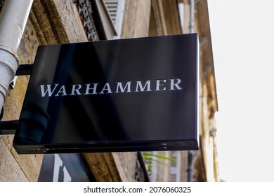 Bordeaux , Aquitaine France - 11 05 2021 : Warhammer text brand and logo sign on facade boutique toys Games Workshop store Fantasy Store Heroic