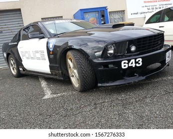 Bordeaux , Aquitaine / France - 11 19 2019 : Ford Mustang Police Car Transformers Film Decepticon Black And White