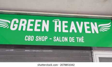 Bordeaux , Aquitaine France - 11 11 2021 : green heaven cbd shop cannabis store front logo brand and sign text of legal marijuana hash liquids oils Cannabidiol 