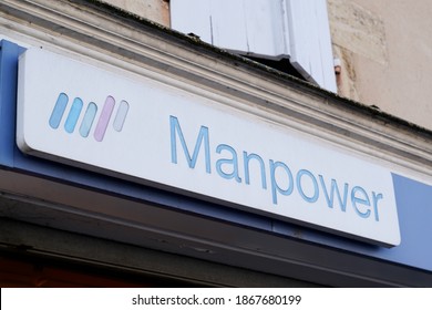 Bordeaux , Aquitaine  France - 12 01 2020 : Manpower Sign Text And Logo Front Of Employment Staffing Firm Agency