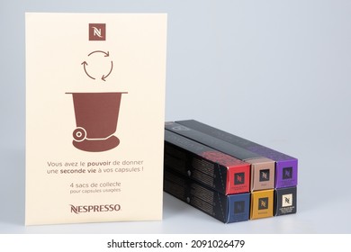 Bordeaux , Aquitaine France - 12 12 2021 : Nespresso Recycling Collection Bag For Used Coffee Capsules Pod Aluminum Metal