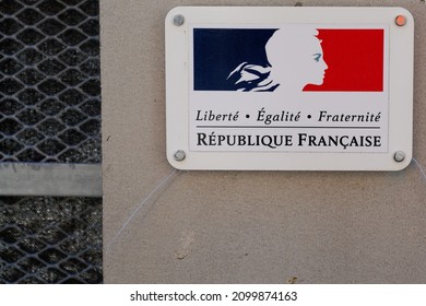 Bordeaux , Aquitaine  France - 12 25 2020 : Republique Francaise sign text and brand logo France Republic freedom equality fraternity french word panel board 