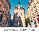 Bordeaux city,  Porte Cailhau and woman tourist,  tourism in France, Nouvelle aquitaine