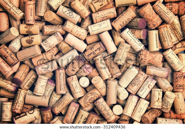 BORDEAUX, FRANCE -\
AUGUST 3 : Wine corks illustrative editorial background, on August\
3, 2015 in Bordeaux,\
France
