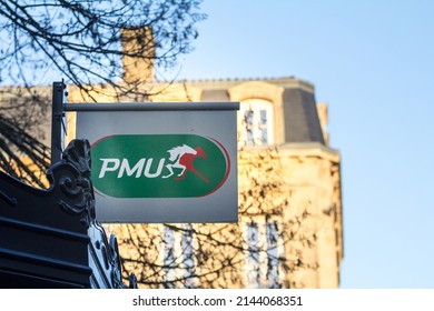 BORDEAUX, FRANCE - FEBRUARY 19, 2022: Selective Blur With The Logo Of PMu In A Gambling Parlor In Bordeaux. PMU, Or Pari Mutuel Urbain Is A Horse Race Betting Company In France.

