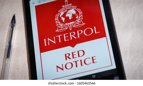 Bordeaux, France - January 04, 2020 : Interpol Red Notice Displayed On Mobile Phone Screen Top Urgent Procedure.