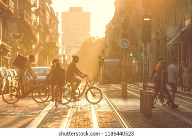 BORDEAUX, FRANCE- September 17, 2018 : Street Photography, People Crossing The Road During The Sunset In Bordeaux City, France. Vintage Style