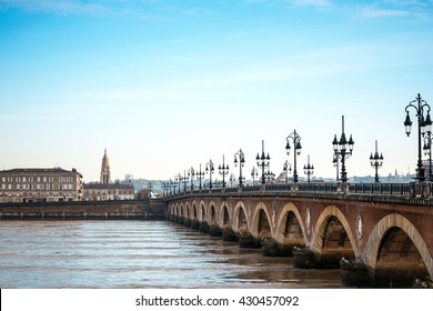 Bordeaux River Bridge With St Michel Cathedral, France