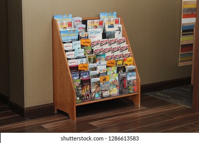 Bordentown, New Jersey / USA - January 15 2019: A Hotel Lobby Tourism Brochure Rack, Advertising Destinations In New Jersey And New York