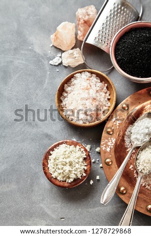 Border of assorted culinary rock and sea salts on grey with copy space withblack Hawaiian lava salt, Indus salt, Fleur de sel, Flor da Sal and French Geurande salt