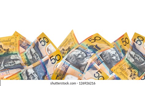 Border of Australian fifty dollar notes, over white background.