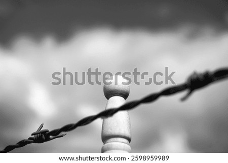 Border with a barrier between countries to stop and banish immigration and refugees. A barbed wire and fence to indicate property boundaries.