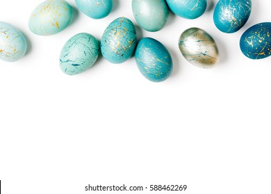 Border with bright  blue easter eggs with copy space for text. isolated