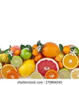 Border Of  Citrus Fruits Mixed Close Up  Top View Isolated On White Background