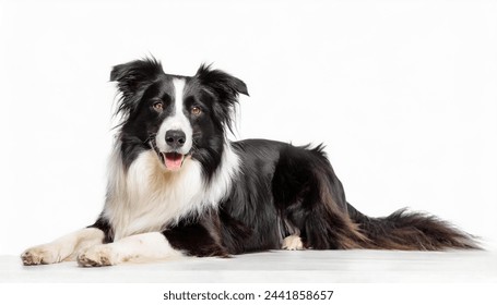 Border Collie dog - Canis lupus familiaris - a working sheep herding dog or as a companion animal isolated on white background laying and looking at camera - Powered by Shutterstock