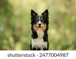 A Border Collie dog smiles against a blurred green forest backdrop. Insight: This canine striking black and white coat and attentive gaze showcase the breed