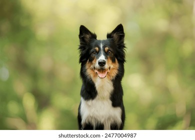 A Border Collie dog smiles against a blurred green forest backdrop. Insight: This canine striking black and white coat and attentive gaze showcase the breed's characteristic intelligence  - Powered by Shutterstock