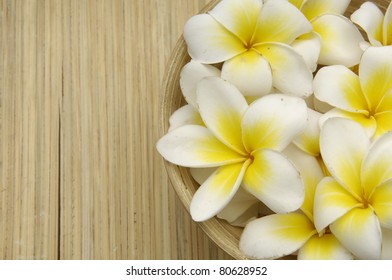 Border of frangipani flowers in bowl on wooden texture