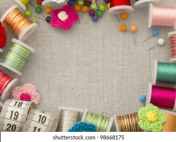 Border Made Of Bobbins And Other Sewing Materials