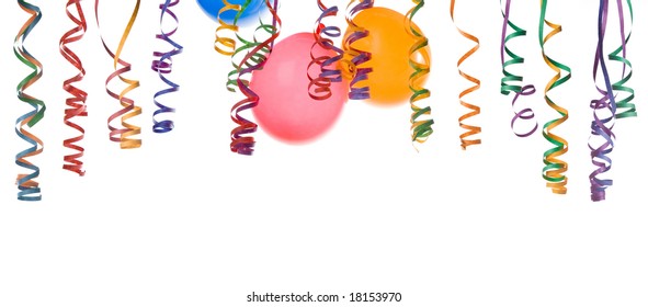 Border Made From Colorful Balloons And Confetti Isolated On White Background