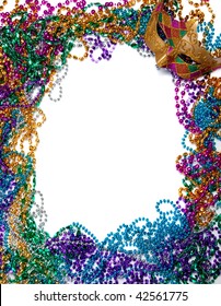 A border made of a gold, purple and green mardi gras mask and blue, green, red, gold and purple plastic beads