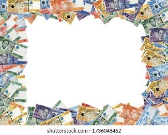 Border made of Philippine peso banknotes, with white center to place content. 4:3 image.