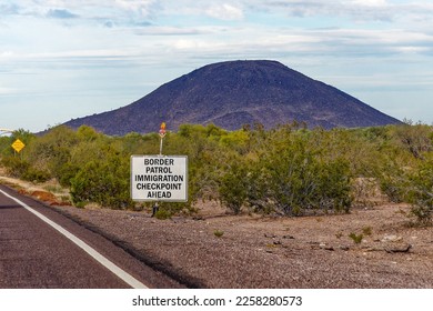 border patrol immigration checkpoint ahead sign in the Arizona desert near the Mexico border