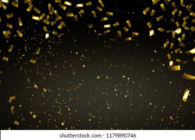 border of raining gold confetti in the party night, golden falling sparks isolated on black background, abstract cheerful celebration concept with advertising space in the middle for holiday season