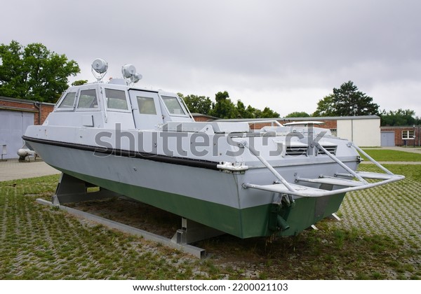 Border security boat  which patrolled the border\
between East and West\
Germany.