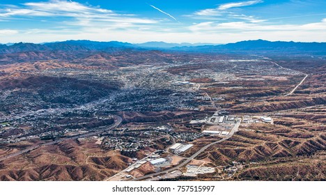 Border Wall Aerial View Looking Into Nogales, Mexico From Nogales, Arizona, USA 