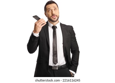 Bored Businessman Listening To Phone Conversation Isolated On White Background