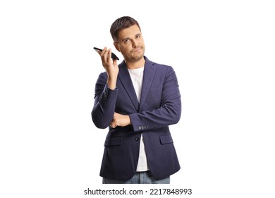 Bored Man Listening To Phone Conversation On Speakerphone Isolated On White Background