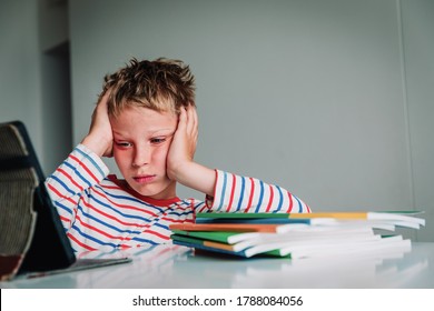 Bored And Sad Teenager Looking At Computer, Kid Tired Of Online Communication And Learning