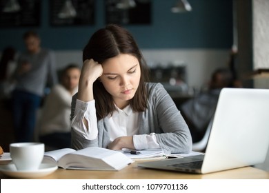 Bored Of Studying Tired Serous Millennial Student Sitting At Cafe Table Thinking Of Exam Preparation, Unhappy Unmotivated Dull Girl Upset By Hard Learning, Boring Difficult Education For Teen Concept