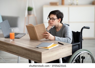 Bored Teen Boy In Wheelchair Reading Textbook, Making Dull Home Assignment Near Laptop Indoors