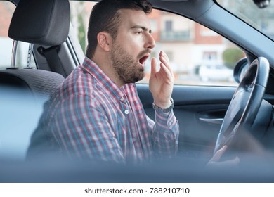 Bored And Tired Yawning Man Driving His Car Need A Rest