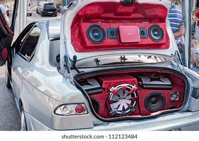 BORGHI,RN, ITALY - AUGUST 12: Powerful Speakers And Amplifiers  In The Car Trunk Of Tuned Alfa Romeo 156, Exhibited At Rally 