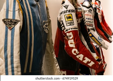 BORGO PANIGALE - BOLOGNA, ITALY - June, 2017. Ducati Museum Exhibit Vintage Motorcyles Suits