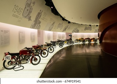 BORGO PANIGALE - BOLOGNA, ITALY - June, 2017. Ducati Museum Exhibit Vintage Race Motorcyles