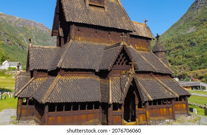 Borgund, Norway - August 29, 2021: Wood Stave Church At Borgund In Norway