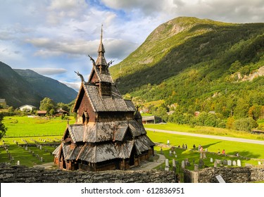 Borgund Stave Wooden Church In Western Norway At Sunny Summer Day